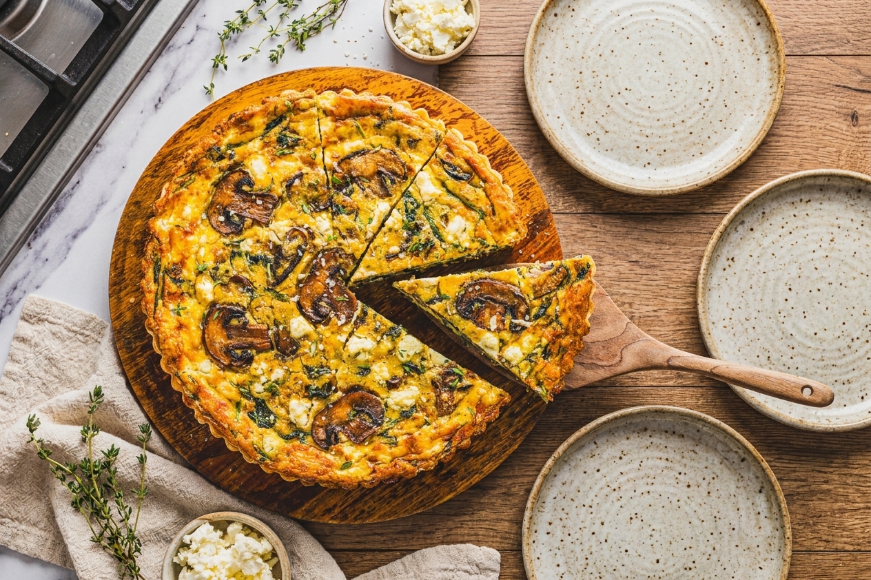 A vegetable quiche sliced into wedges on a wooden table with a serving spatula and simple plates nearby
