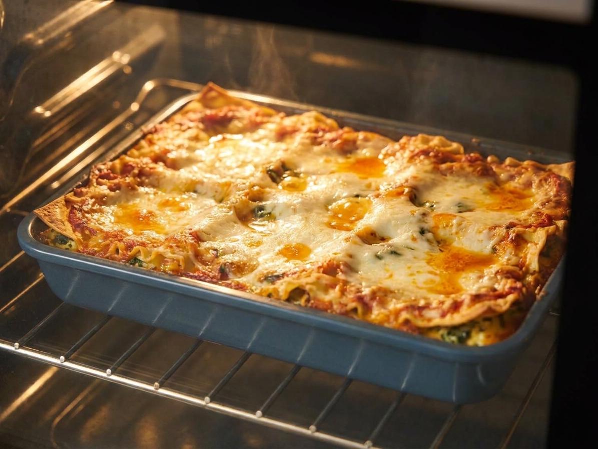 A veggie lasagna baking in the oven with melted cheese bubbling and lightly browned spots on top