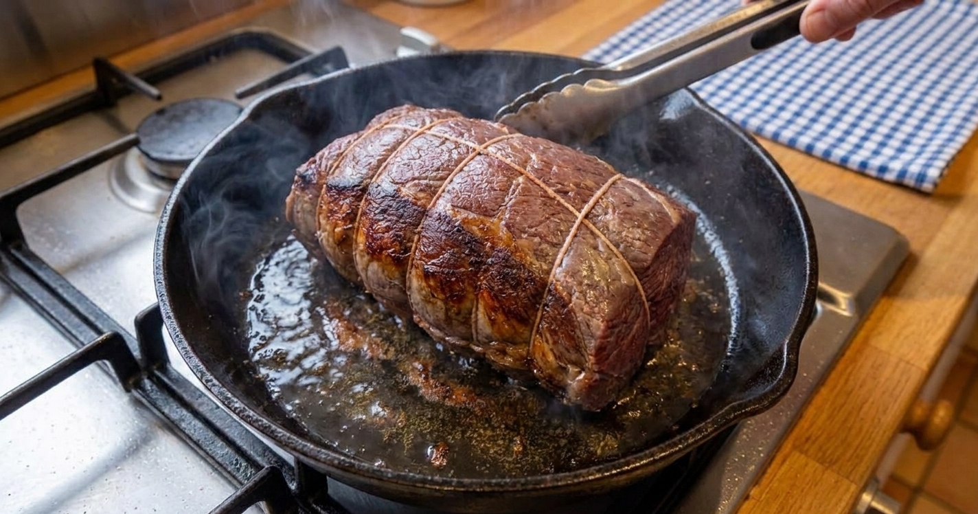 A venison roast being seared in a cast iron skillet with browned edges forming, viewed from above on a stovetop