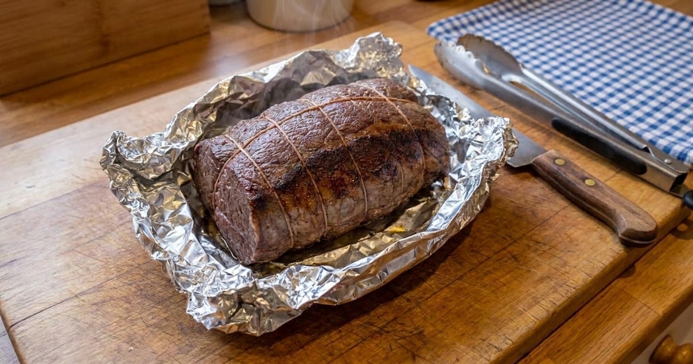 A venison roast resting on a cutting board loosely tented with foil, with a knife and tongs nearby