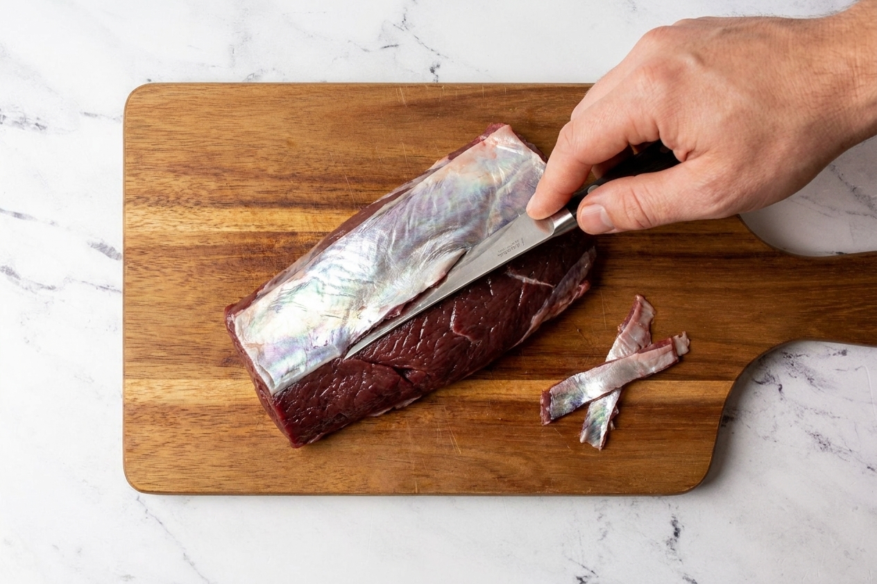 A venison steak on a cutting board with the shiny silver skin being trimmed away with a sharp knife in a home kitchen