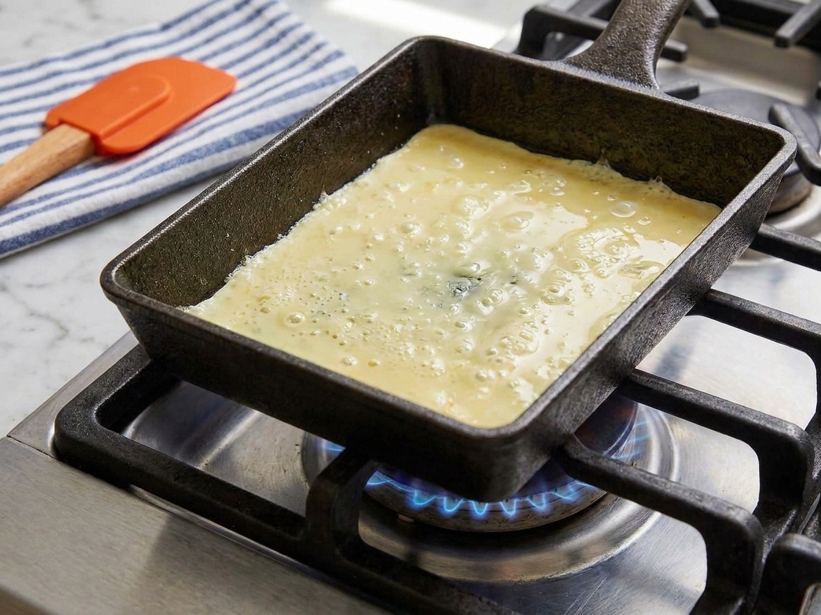 A very thin layer of egg setting in a rectangular pan with small bubbles on the surface