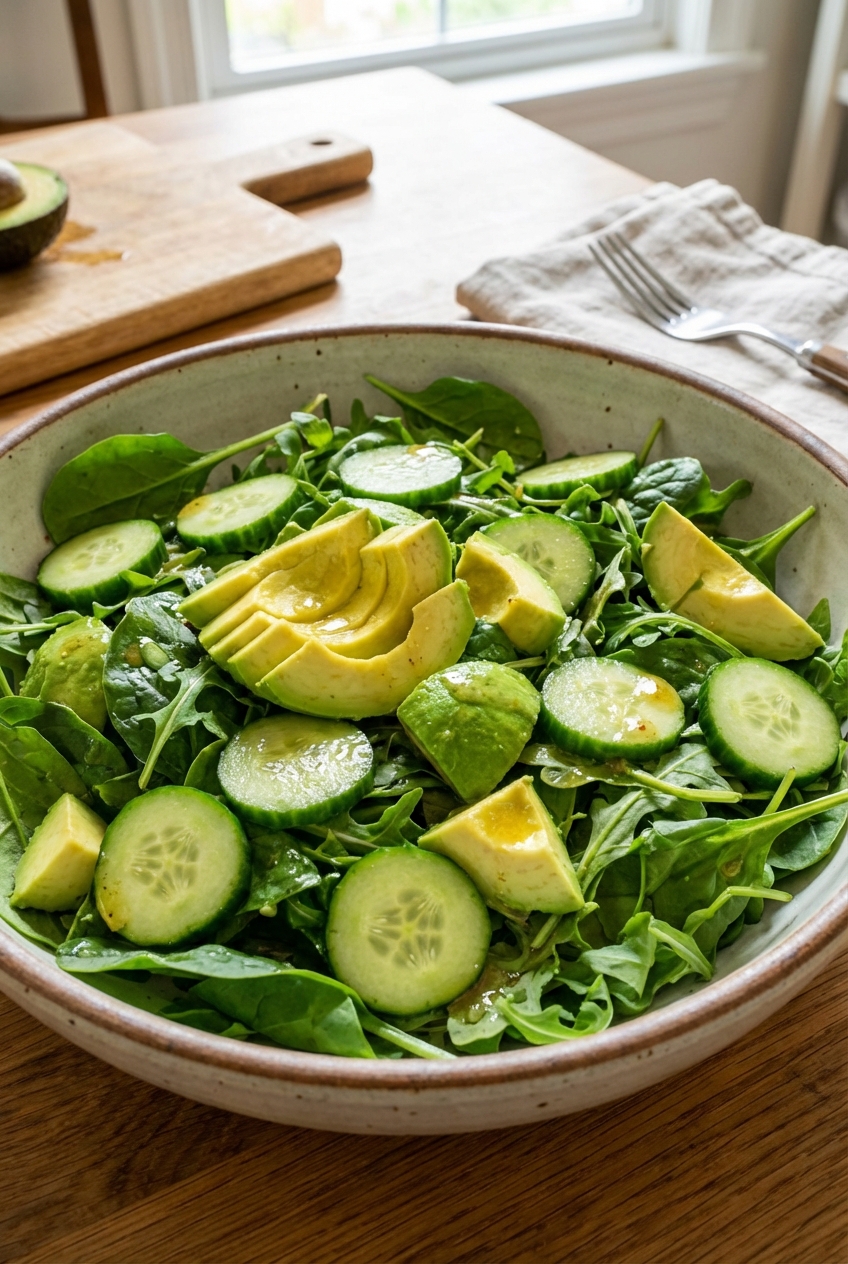 A vibrant green salad with cucumbers and avocado in a large bowl
