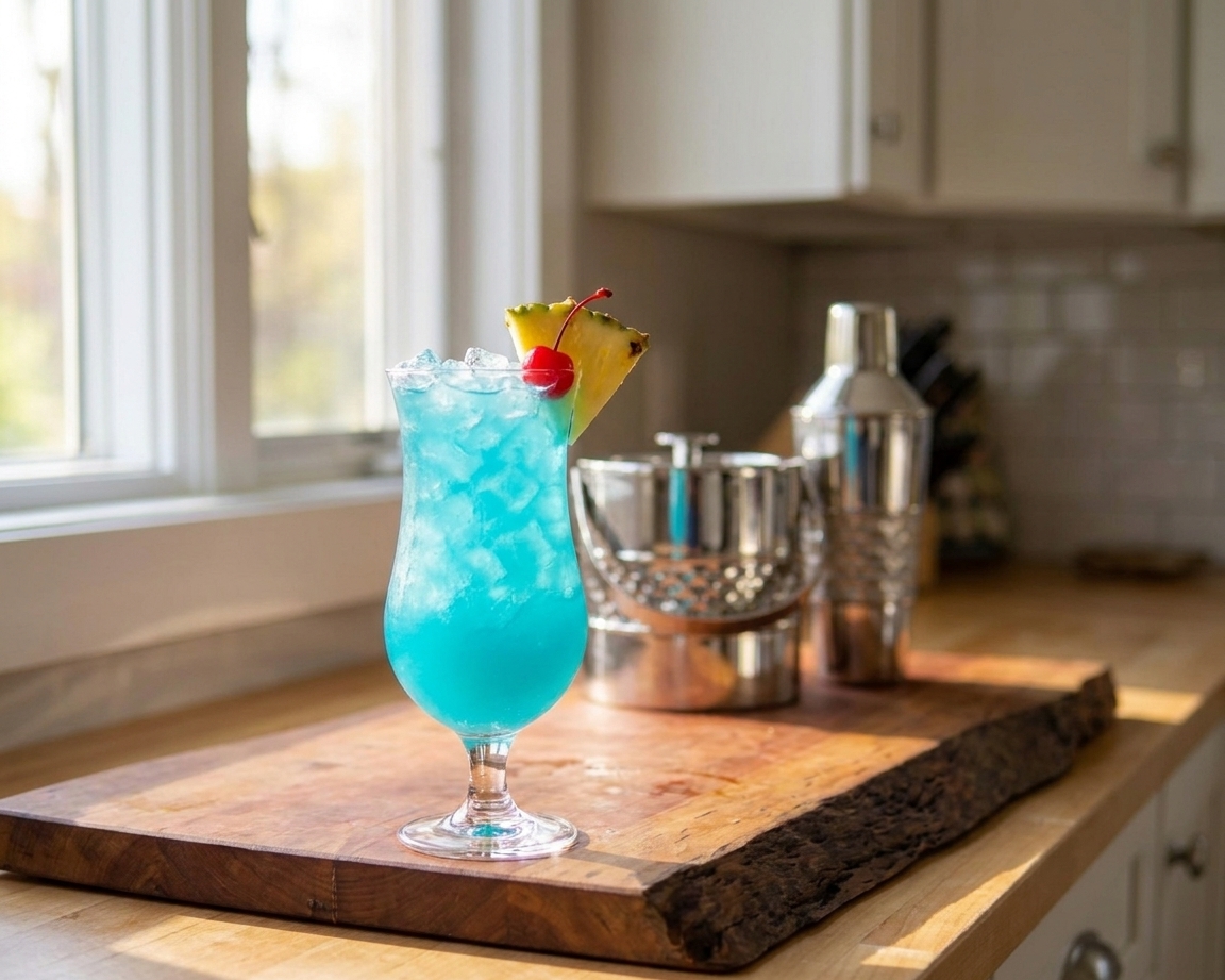 A vivid blue Blue Hawaiian cocktail in a hurricane glass filled with crushed ice, garnished with a pineapple wedge and a maraschino cherry on a sunlit kitchen counter