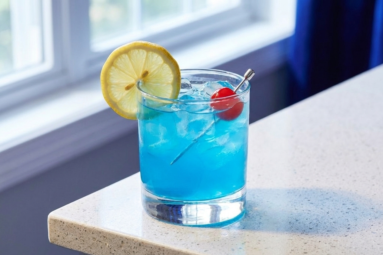 A vivid blue Blue Lagoon cocktail in a clear rocks glass filled with ice, garnished with a lemon wheel and a maraschino cherry on a small pick, set on a light kitchen counter with soft natural window light