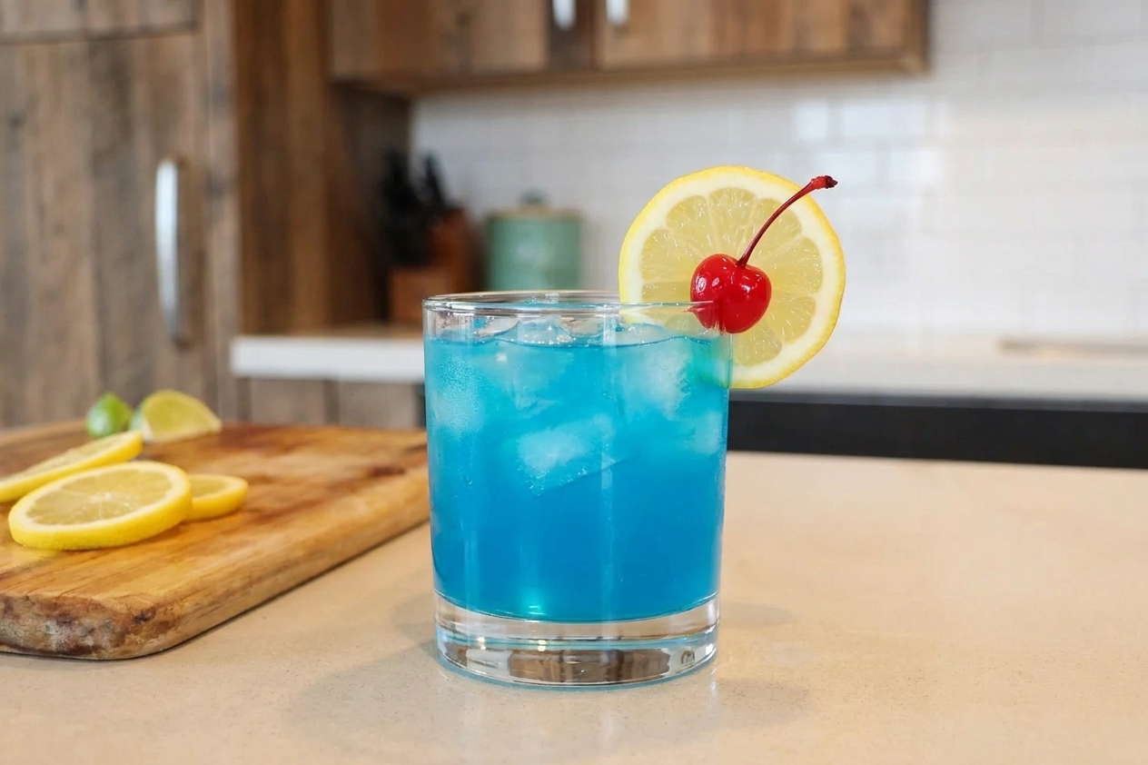 A vivid blue Blue Lagoon cocktail in a clear rocks glass filled with ice, garnished with a lemon wheel and a maraschino cherry on a kitchen counter