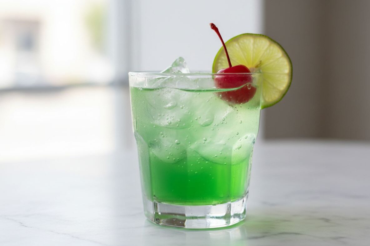 A vivid green Midori Sour in a chilled coupe glass with a frothy top and a thin lime wheel garnish on a light kitchen counter