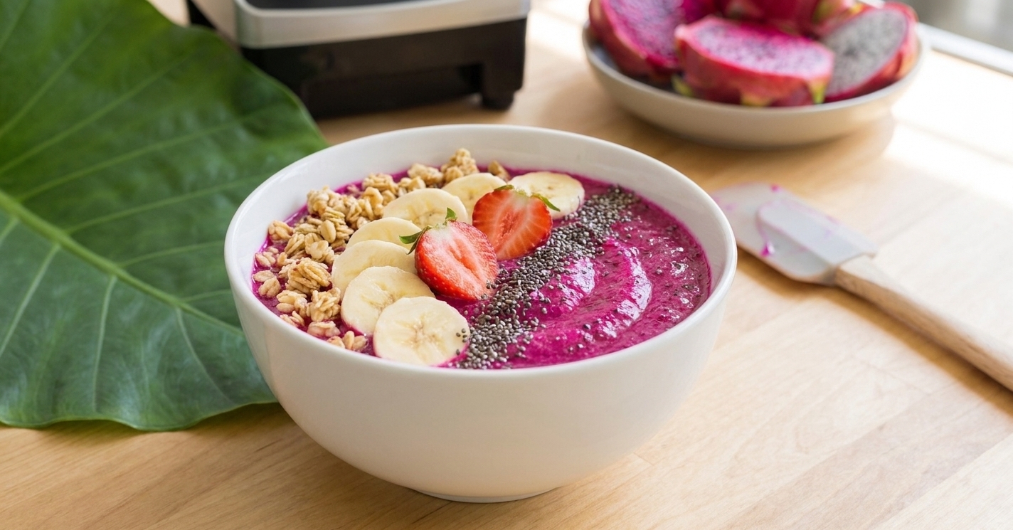 A vivid magenta dragon fruit smoothie bowl in a white bowl topped with sliced banana, strawberries, granola, and chia seeds on a bright kitchen counter