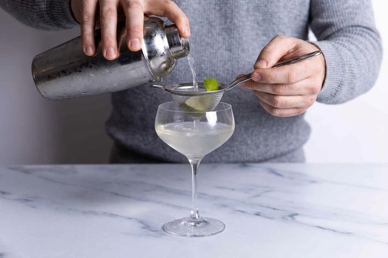 A vodka gimlet being strained through a small metal strainer into a chilled coupe glass on a clean kitchen counter