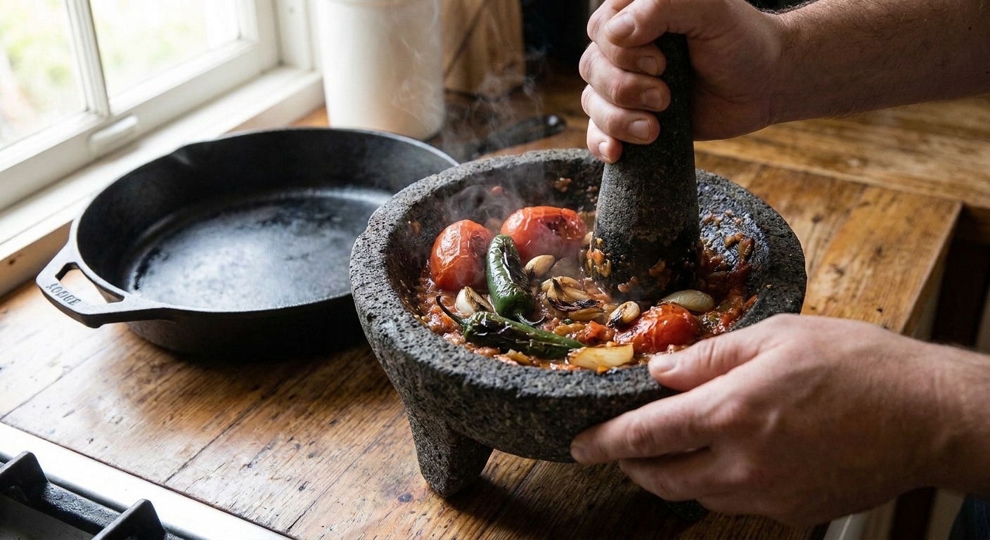 A volcanic stone molcajete with roasted tomatoes, chiles, and garlic being ground into a rustic salsa on a kitchen counter