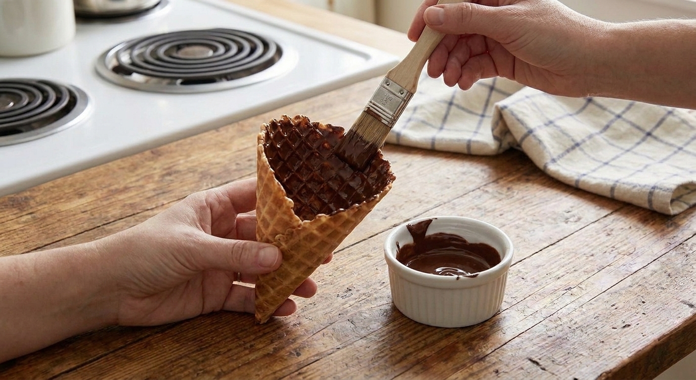 A waffle cone standing upright while melted chocolate is brushed inside