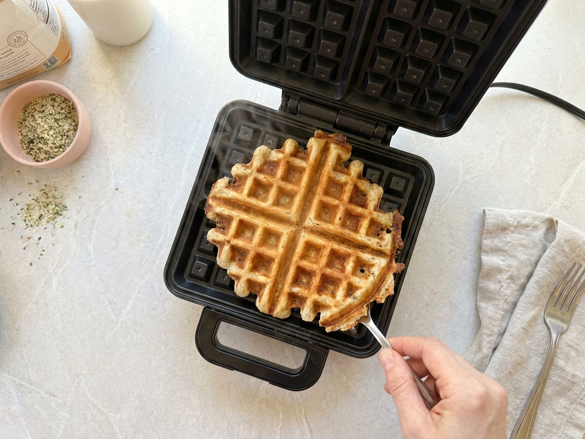 A waffle iron open on a countertop with a vegan waffle cooked to a golden brown, showing crisp edges and steam rising