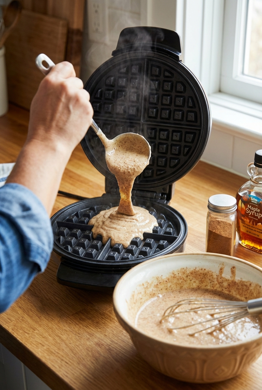 A waffle iron open on a countertop with batter being ladled into the center, showing a bowl of spiced batter nearby
