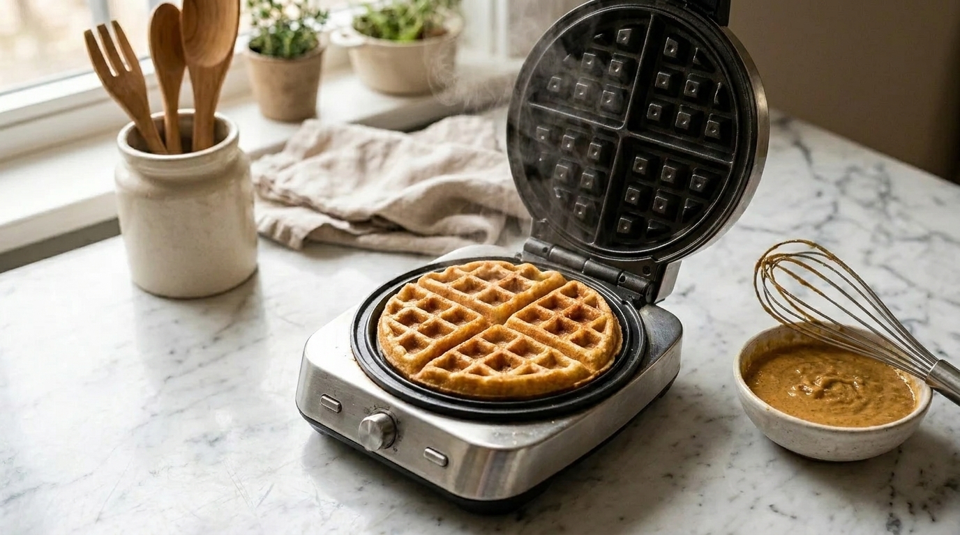 A waffle iron open on a kitchen counter with a golden protein waffle cooking inside, steam rising