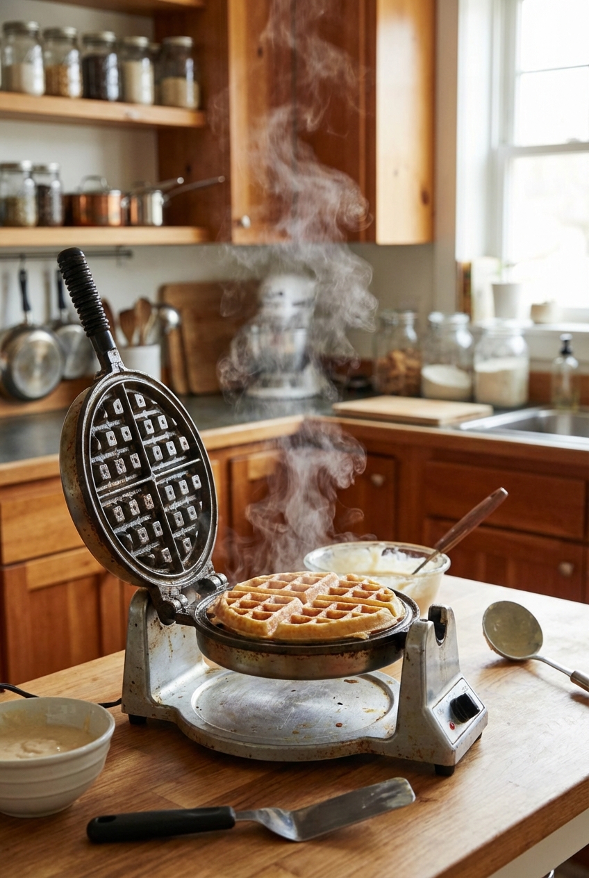 A waffle iron open on a kitchen counter with freshly cooked waffle steam rising