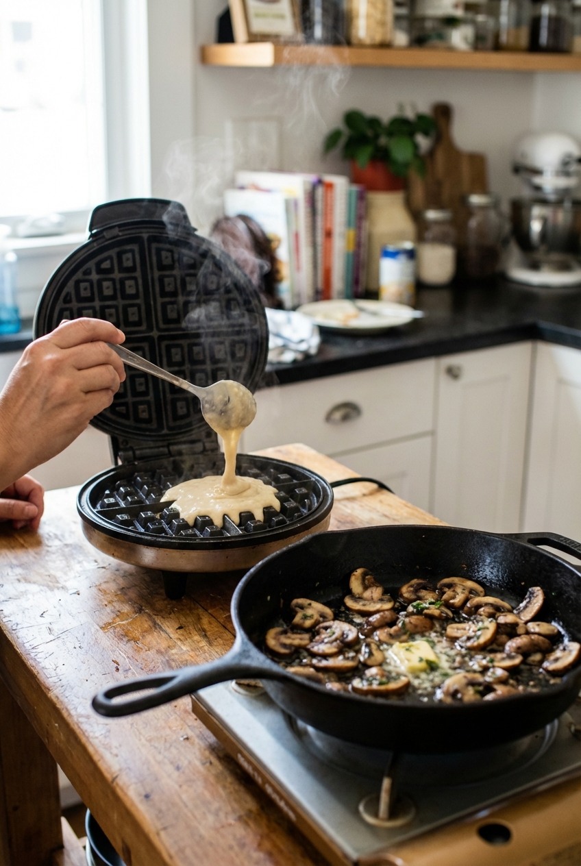 A waffle iron open on a kitchen counter with waffle batter being spooned in, and sautéed mushrooms in a skillet nearby