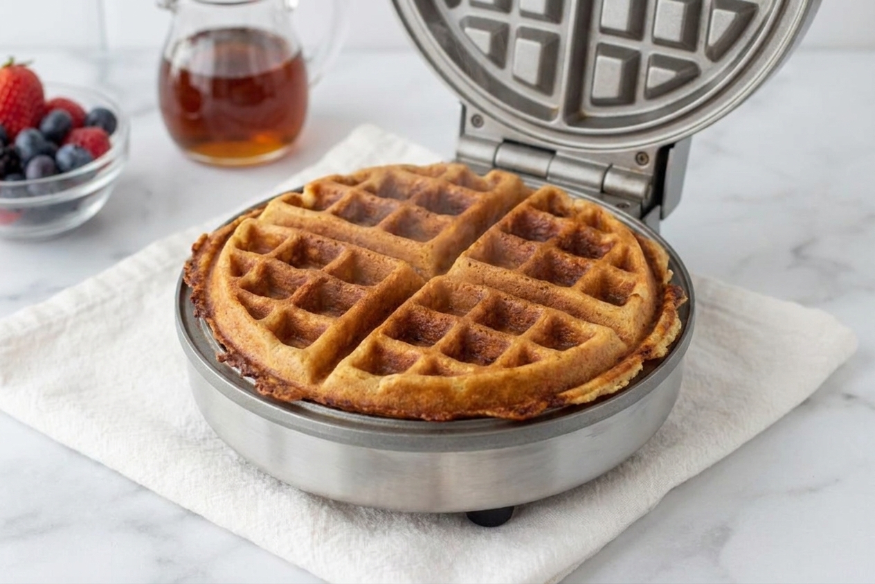 A waffle iron opened to reveal a freshly cooked gluten-free waffle with a deep golden color and crisp edges