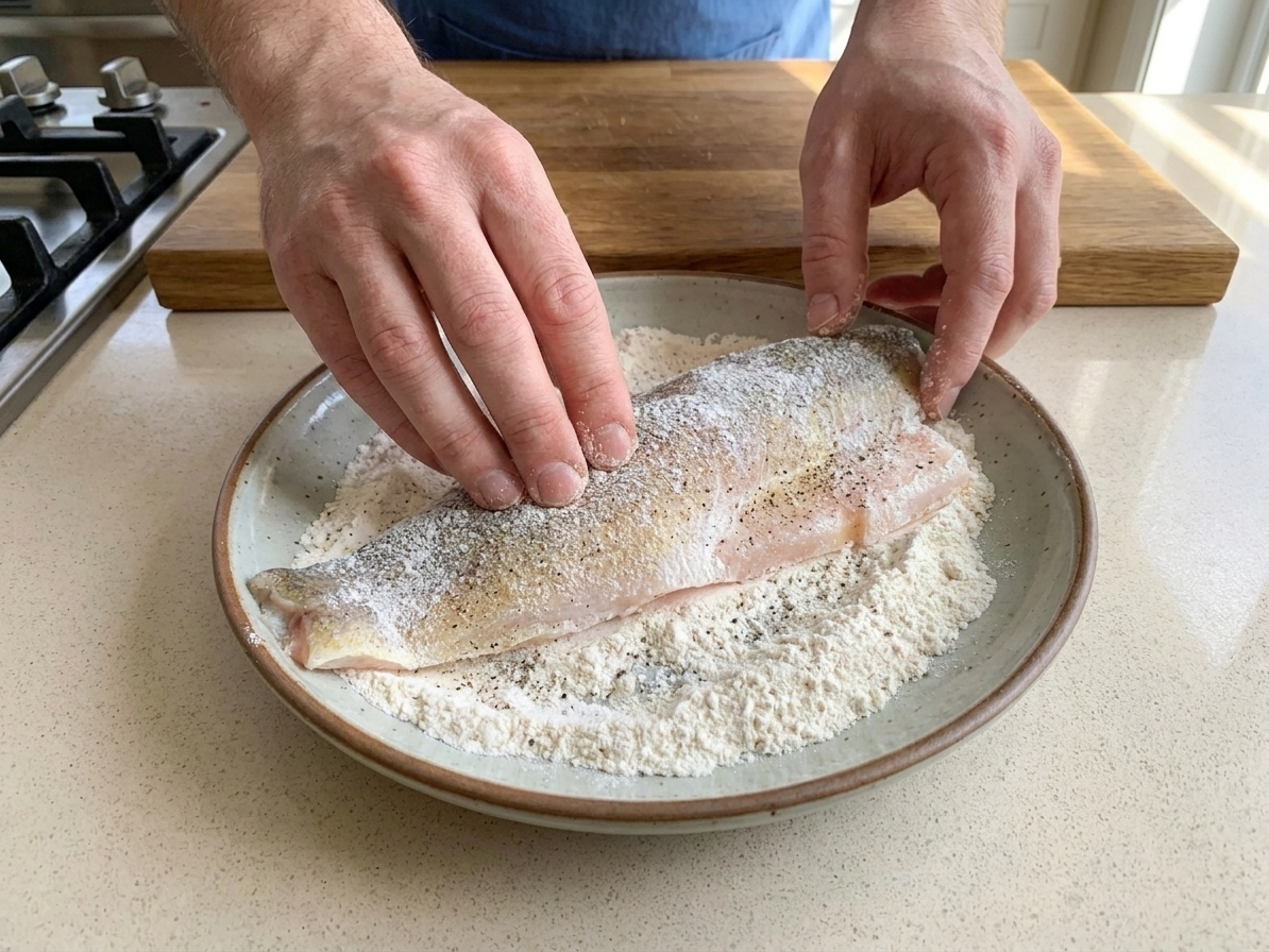 A walleye fillet being lightly coated in seasoned flour on a shallow plate on a kitchen counter