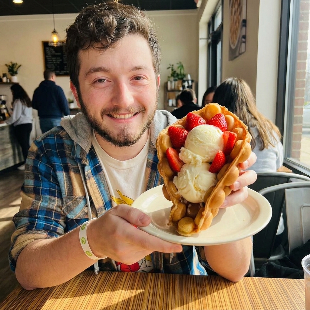 A warm Hong Kong bubble egg waffle folded into a cone and filled with vanilla ice cream and fresh strawberries on a plate