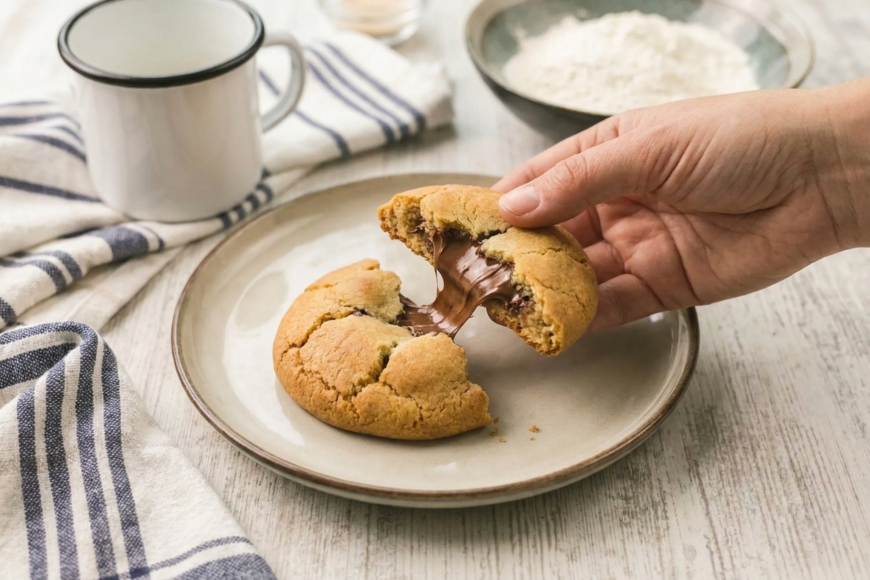 A warm Nutella stuffed cookie broken in half with a gooey chocolate hazelnut center stretching slightly on a plate