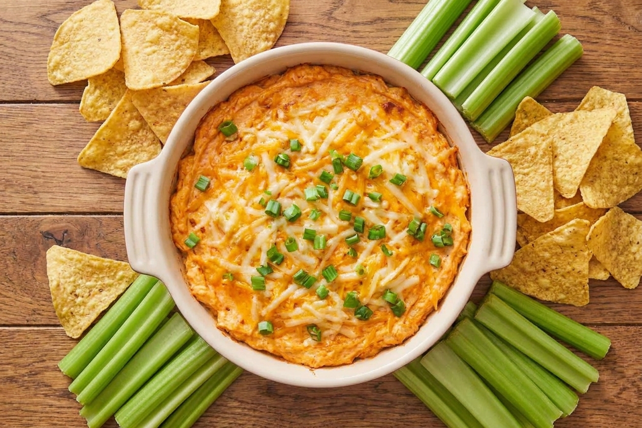 A warm baked buffalo chicken dip in a ceramic dish with melted cheese and scallions, surrounded by tortilla chips and celery sticks on a dining table