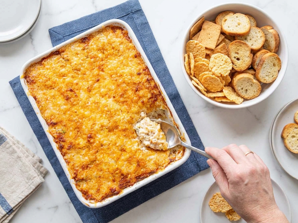 A warm baked crabmeat dip on a serving table with crackers and toasted bread, ready for guests to scoop