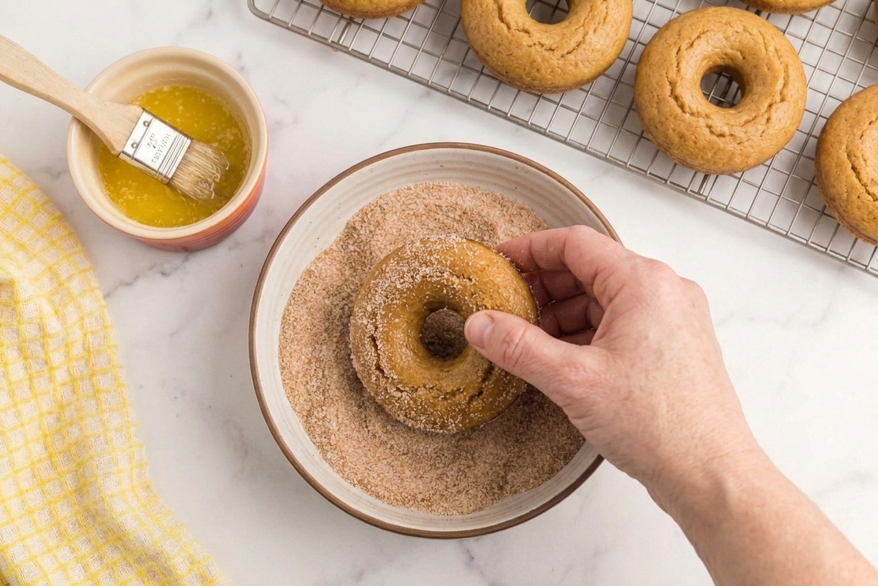 A warm baked donut being rolled in a bowl of cinnamon sugar with melted butter nearby
