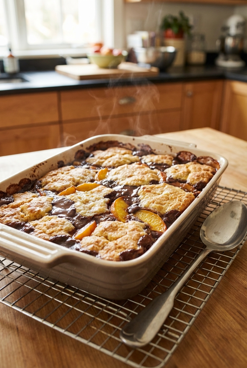 A warm baking dish of chocolate peach cobbler cooling on a wire rack with a spoon beside it