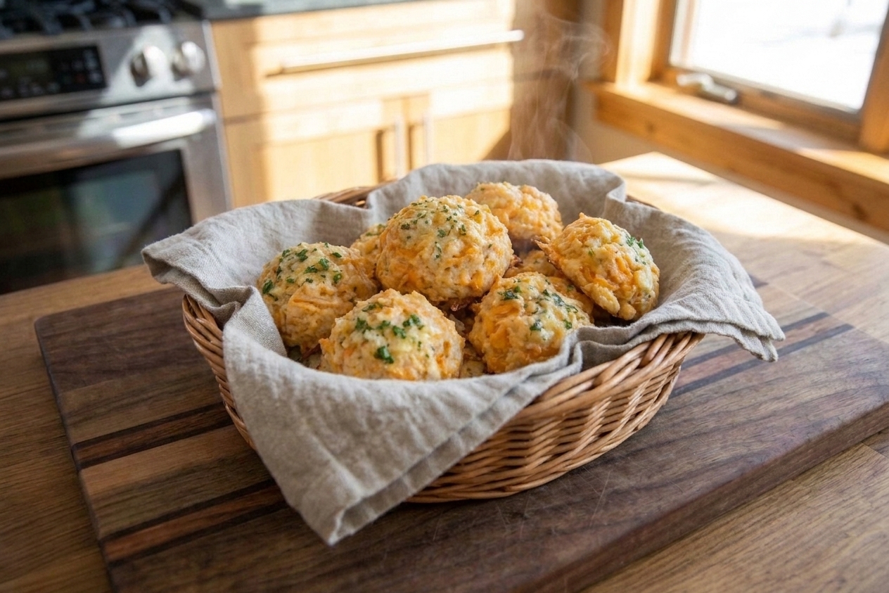 A warm basket of cheesy cheddar drop biscuits with golden tops and flecks of parsley on a wooden table, soft napkin nearby, cozy kitchen lighting