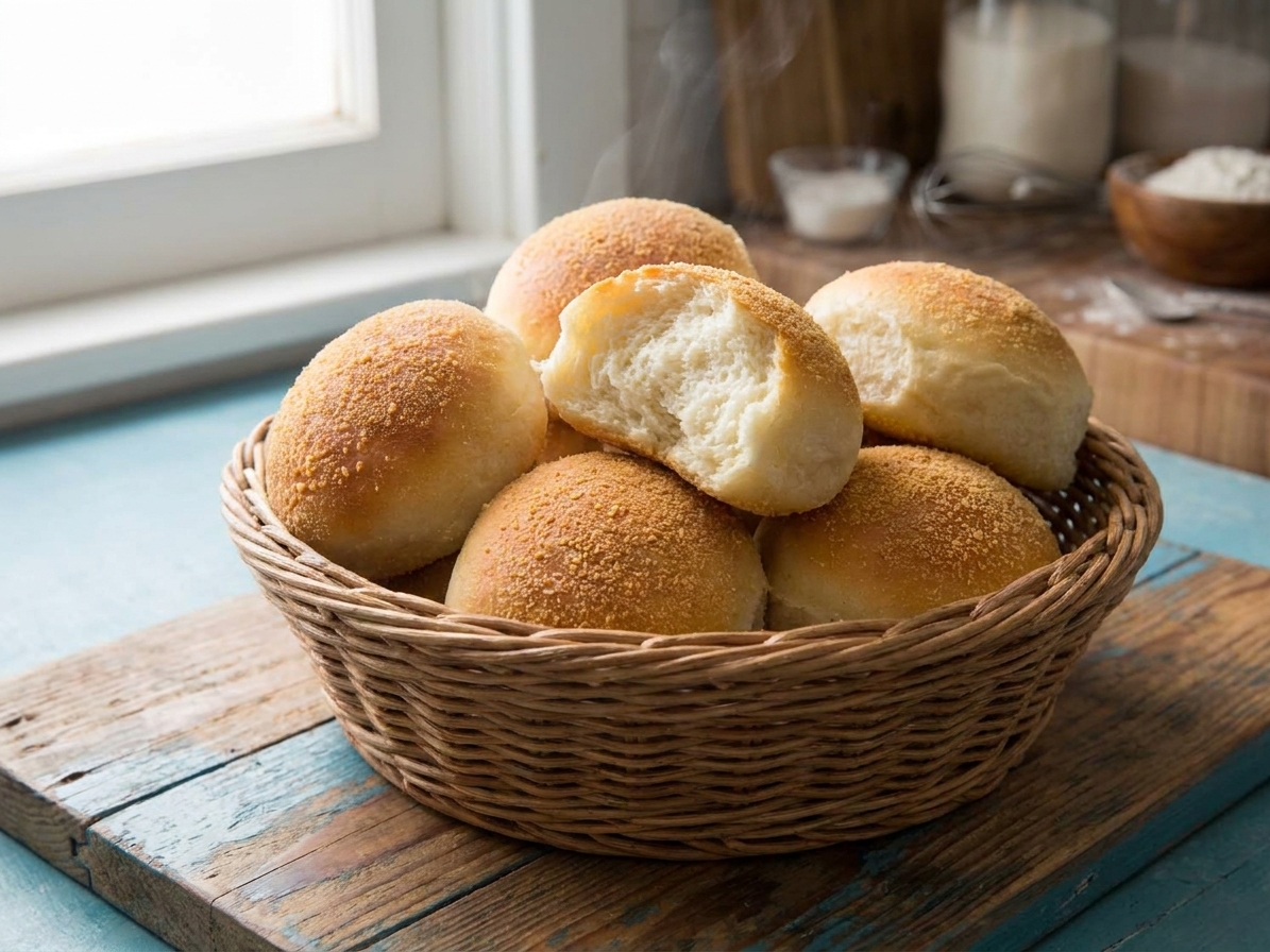 A warm basket of classic Filipino pandesal rolls with a light breadcrumb coating on a wooden table, morning window light