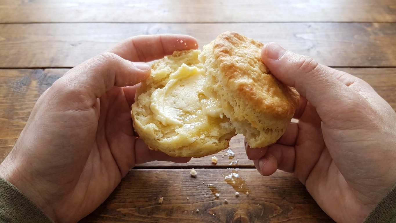 A warm biscuit split open with a generous smear of whipped maple butter melting into the crumb