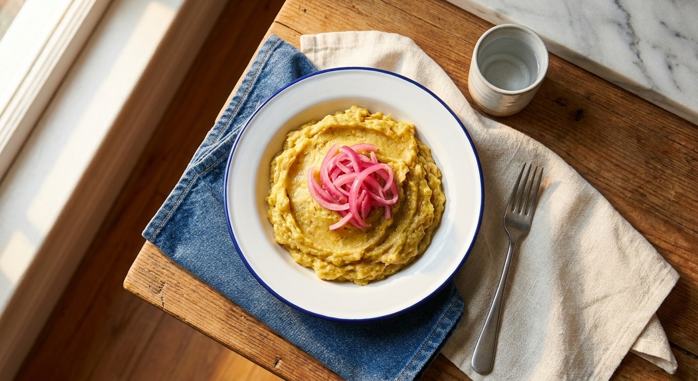 A warm bowl of Dominican mangú made from creamy mashed plantains topped with tangy onions on a wooden table with simple dinnerware