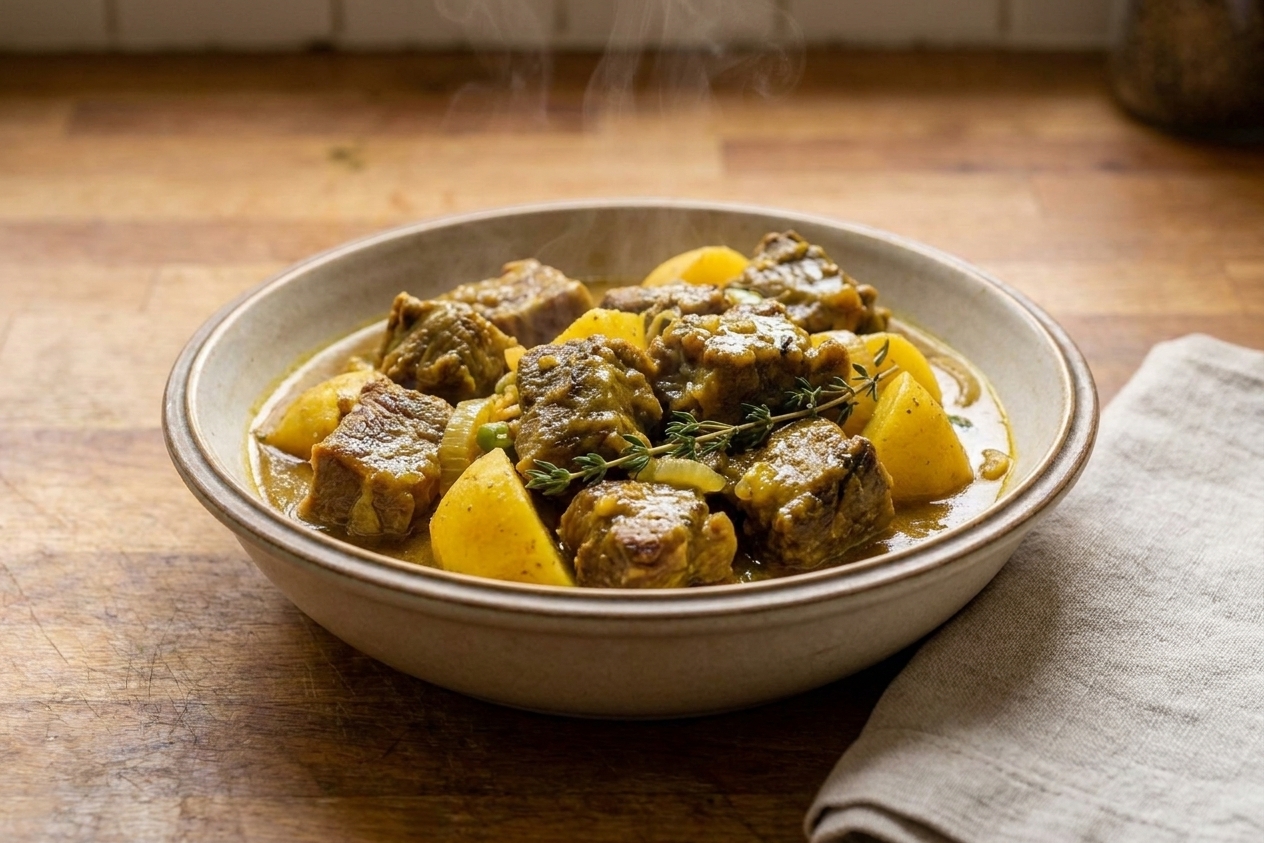 A warm bowl of Jamaican curry goat with tender chunks of meat and potatoes in a rich golden-brown curry gravy, garnished with fresh thyme on a simple stoneware plate on a wooden table