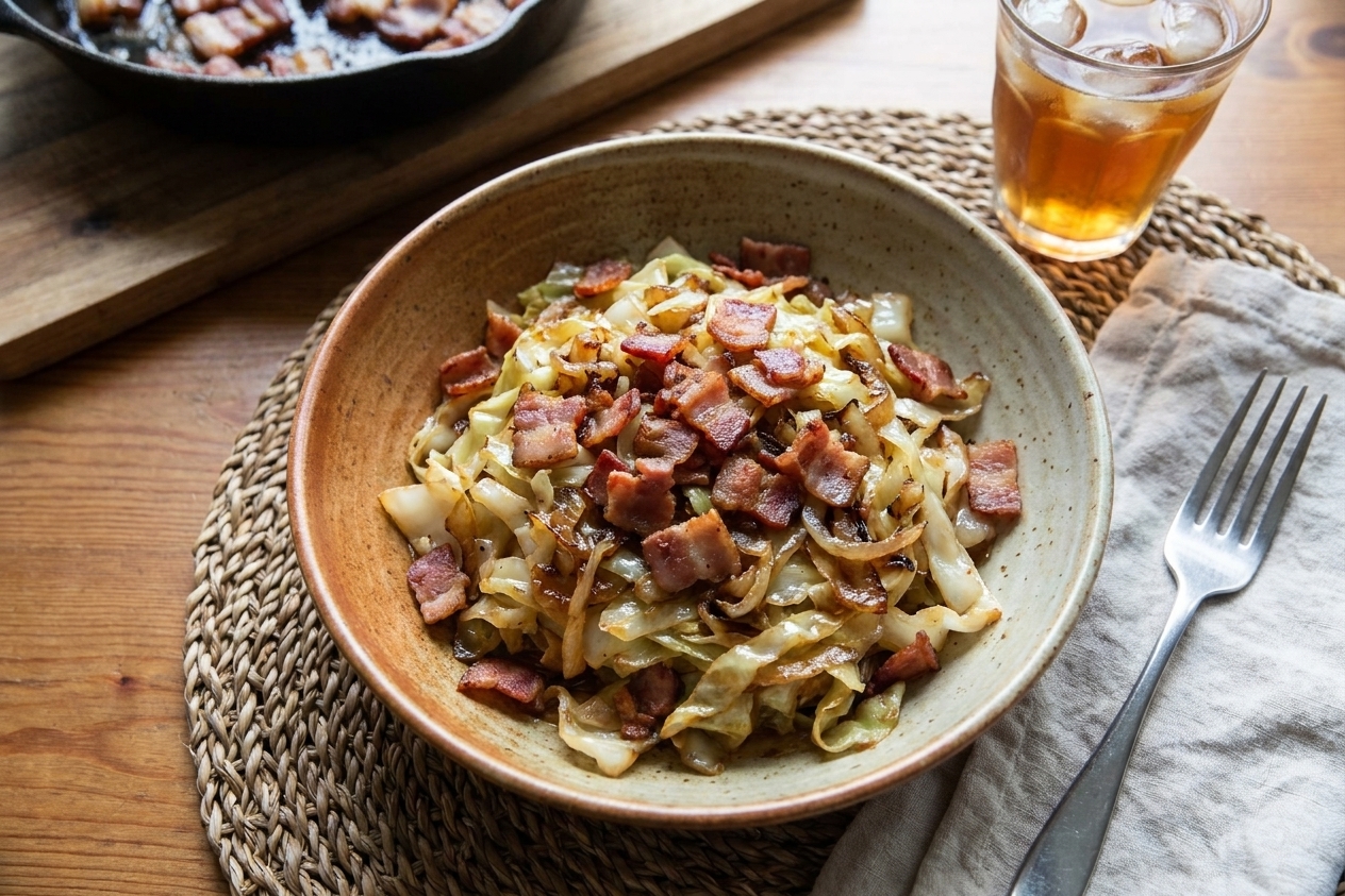 A warm bowl of Southern fried cabbage topped with crisp bacon bits on a simple dinner table setting