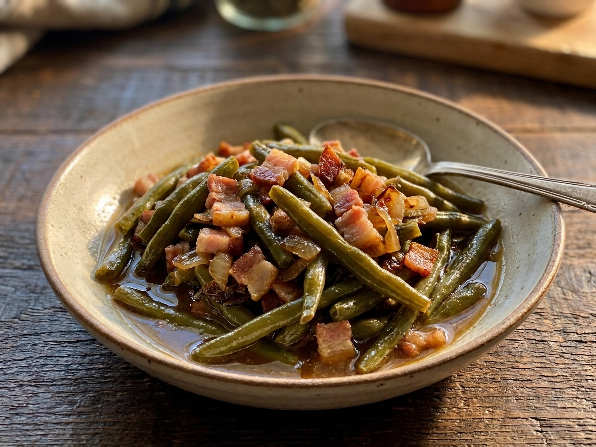 A warm bowl of Southern-style snap beans cooked with bacon and onions, glossy broth pooled at the bottom, served on a rustic wooden table with soft afternoon light