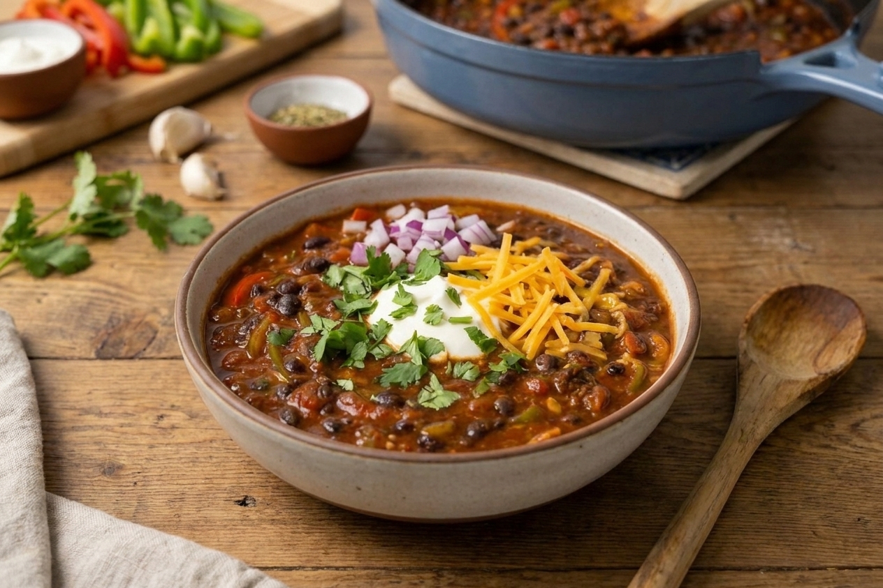 A warm bowl of black bean chili topped with sour cream, chopped cilantro, diced red onion, and shredded cheddar on a rustic wooden table with a spoon beside it