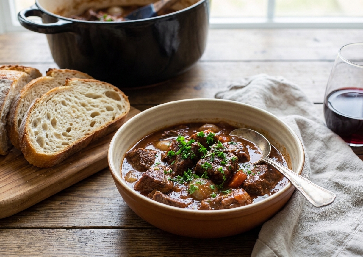 A warm bowl of boeuf bourguignon topped with chopped parsley, served with crusty bread on a rustic table setting