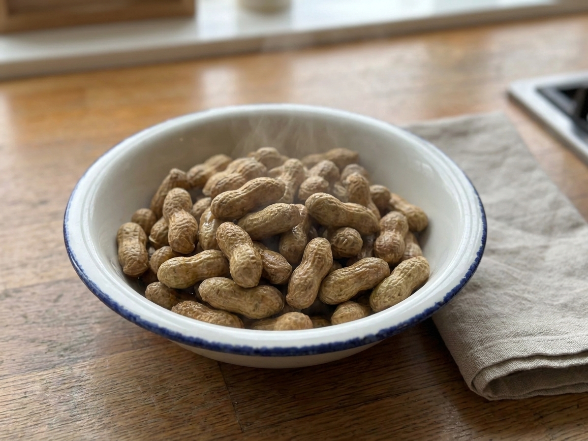 A warm bowl of boiled groundnuts with shells on, lightly steaming, set on a kitchen table with a napkin