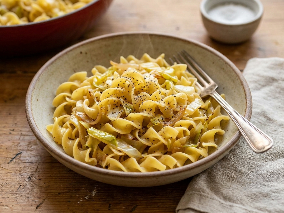 A warm bowl of buttery cabbage and egg noodles topped with cracked black pepper on a simple dinner table with a fork and linen napkin