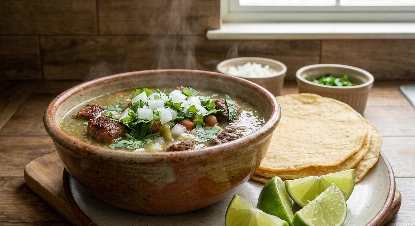 A warm bowl of carne en su jugo with tender beef pieces in a light green tomatillo broth, topped with chopped cilantro and diced onion, with lime wedges on the side on a wooden table