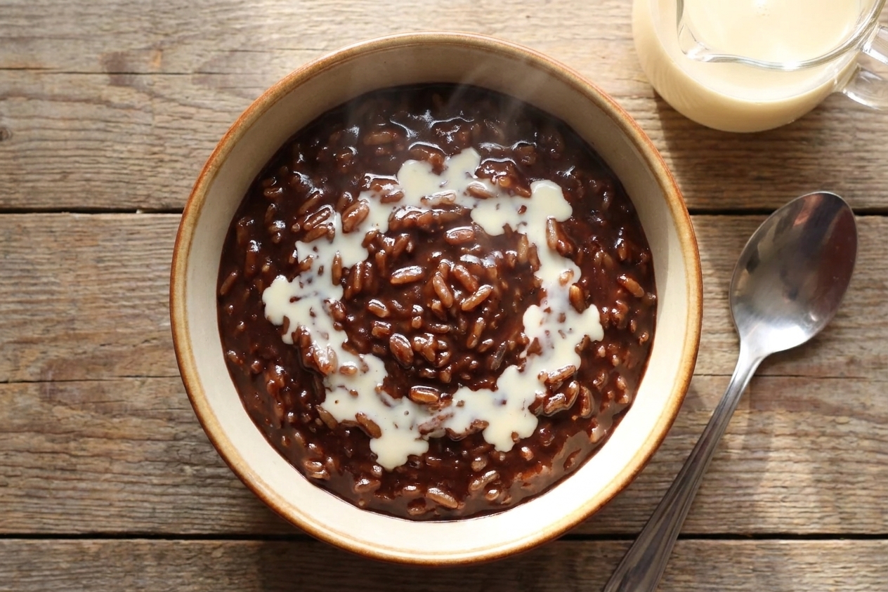 A warm bowl of champorado, a glossy Filipino chocolate rice porridge, topped with a drizzle of evaporated milk on a wooden kitchen table with a spoon beside it