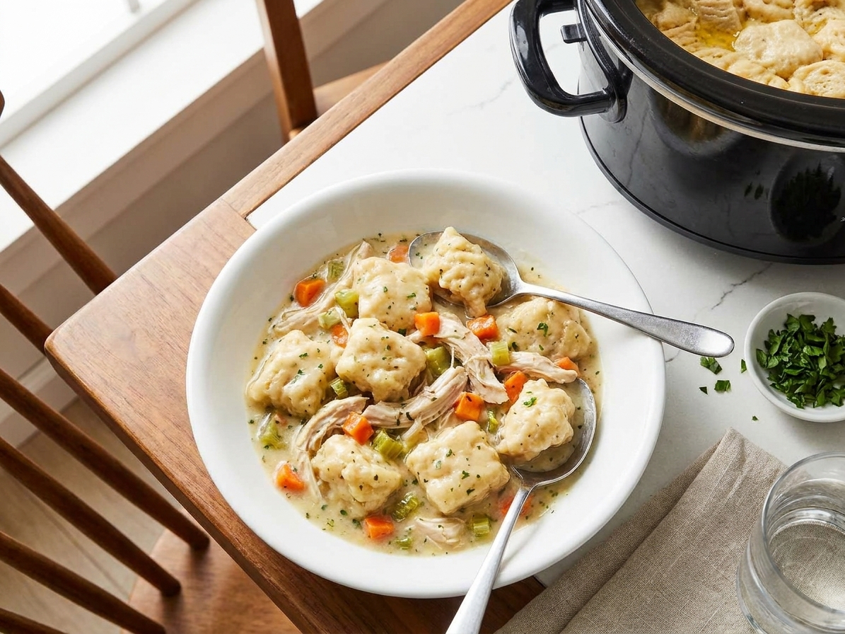 A warm bowl of chicken and dumplings with creamy gravy and herbs, a spoon resting in the bowl on a set dining table