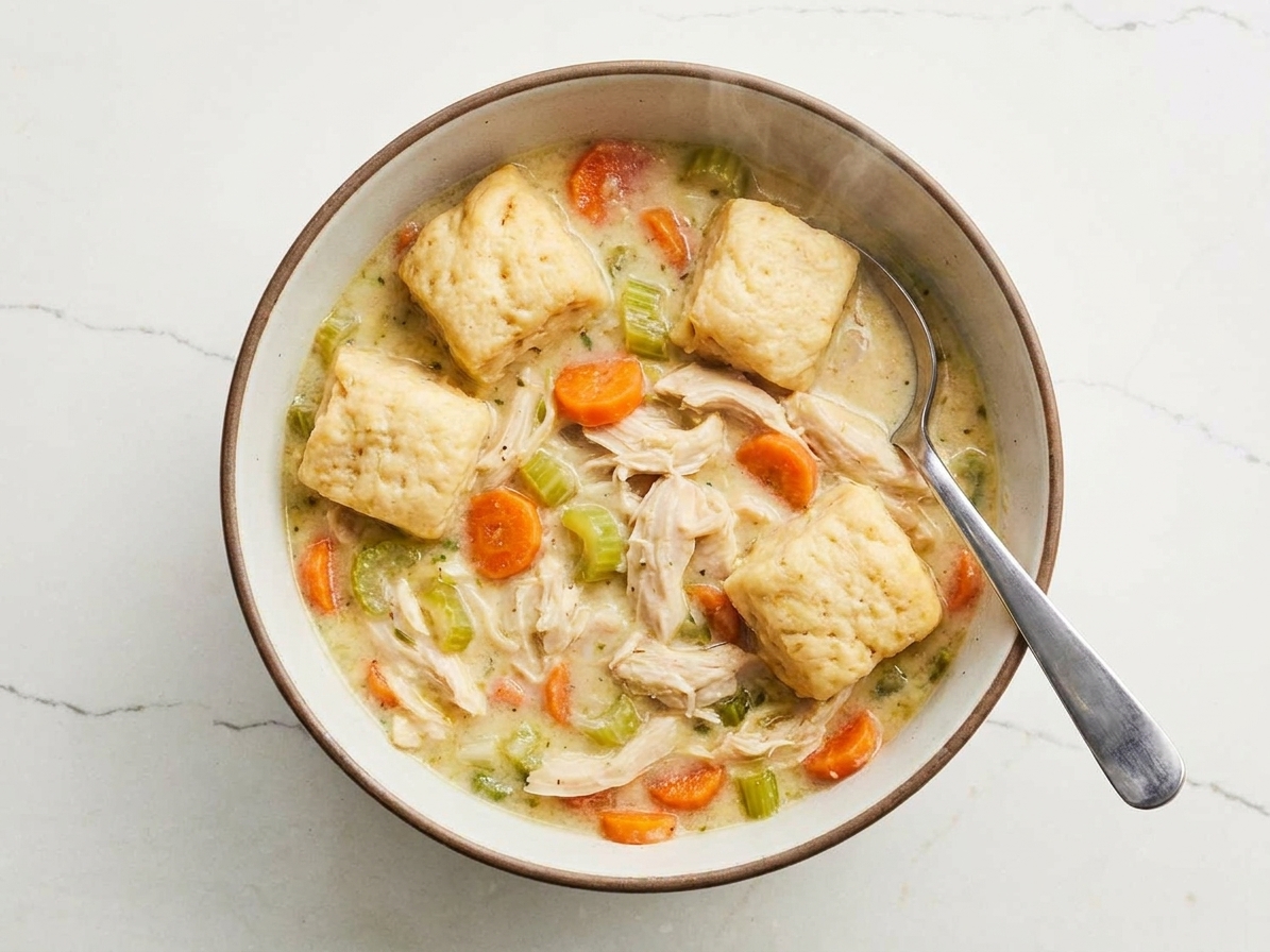 A warm bowl of chicken and dumplings with fluffy dumplings on top and visible carrots and celery in a creamy broth