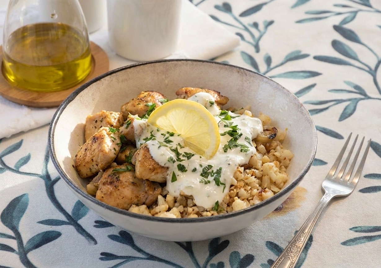 A warm bowl of chicken and vegetables over cauliflower rice with a creamy lemon yogurt drizzle, set on a simple dinner table with a fork