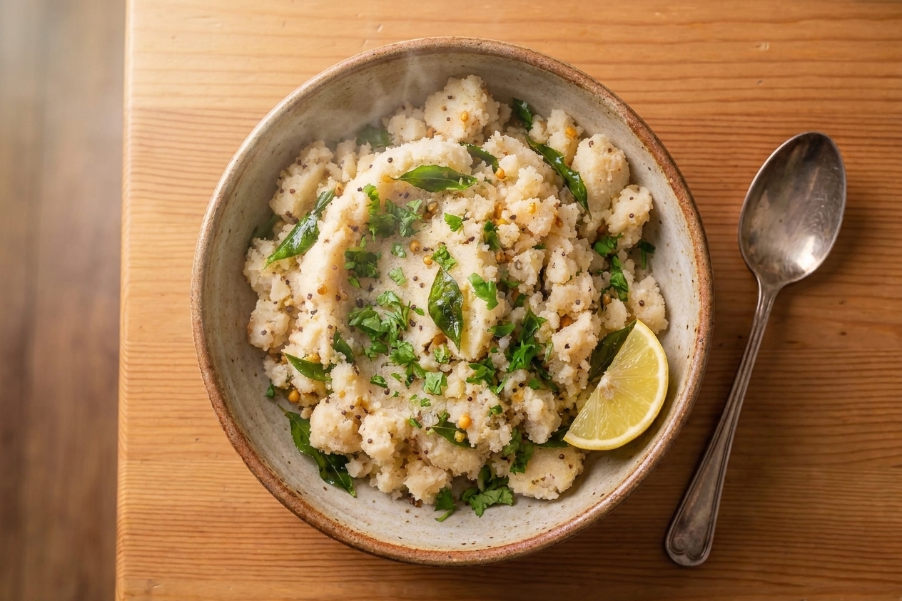 A warm bowl of classic South Indian upma garnished with cilantro and a lemon wedge on a simple wooden table setting with soft morning light