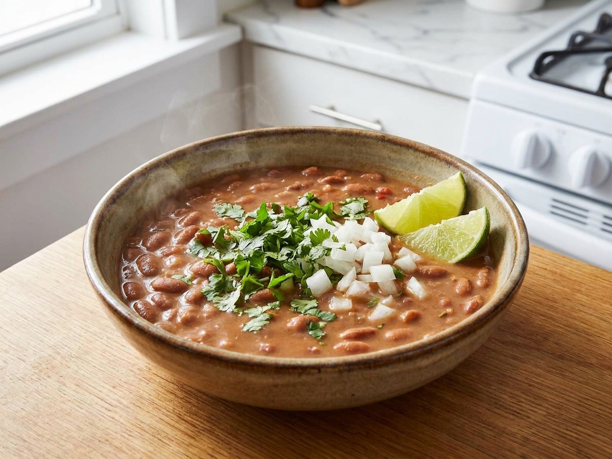 A warm bowl of creamy Mexican pinto beans topped with chopped cilantro and diced white onion, with lime wedges on a simple wooden table in a bright home kitchen