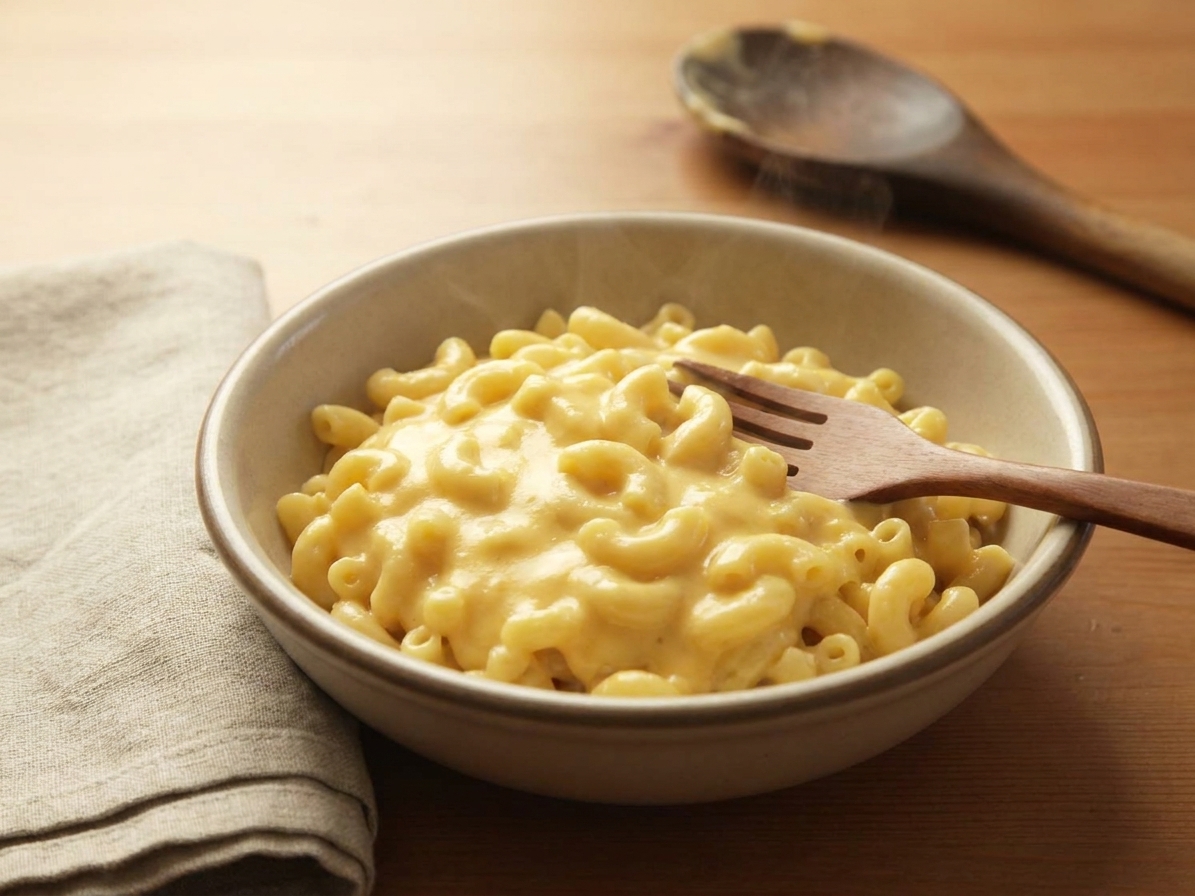 A warm bowl of creamy Velveeta mac and cheese on a simple dinner table setting with a fork and napkin