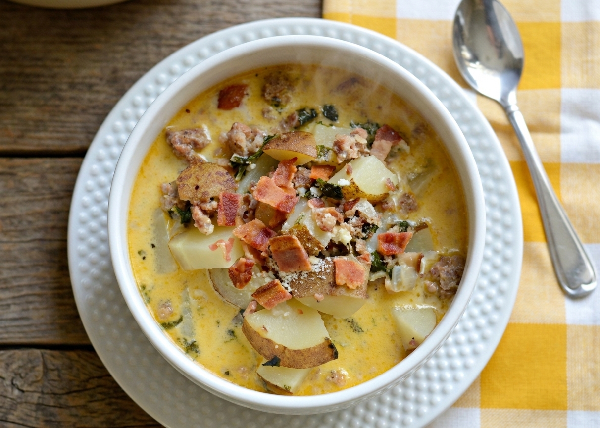 A warm bowl of creamy Zuppa Toscana topped with crispy bacon and grated Parmesan on a wooden table with a spoon