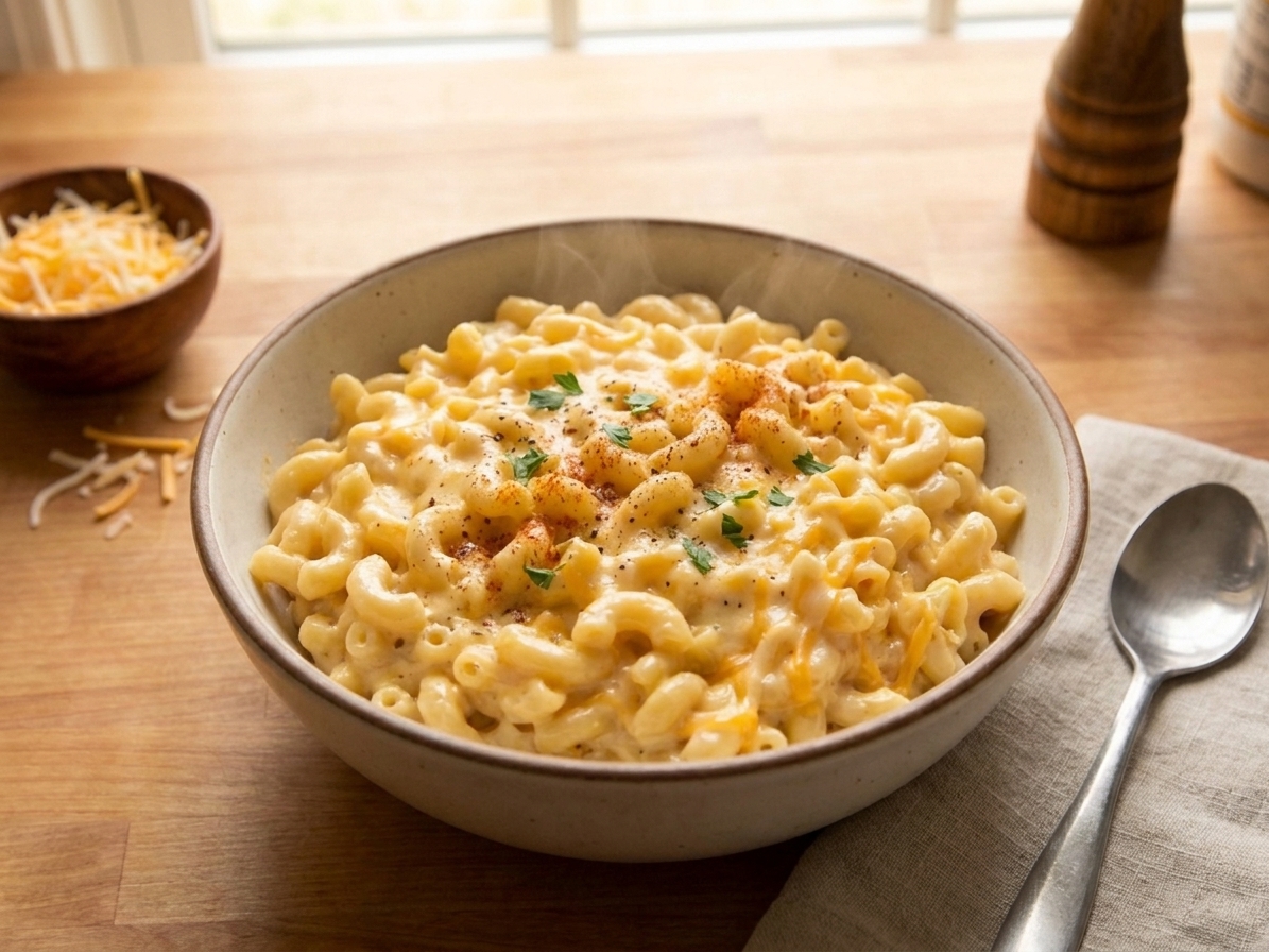 A warm bowl of creamy mac and cheese on a table
