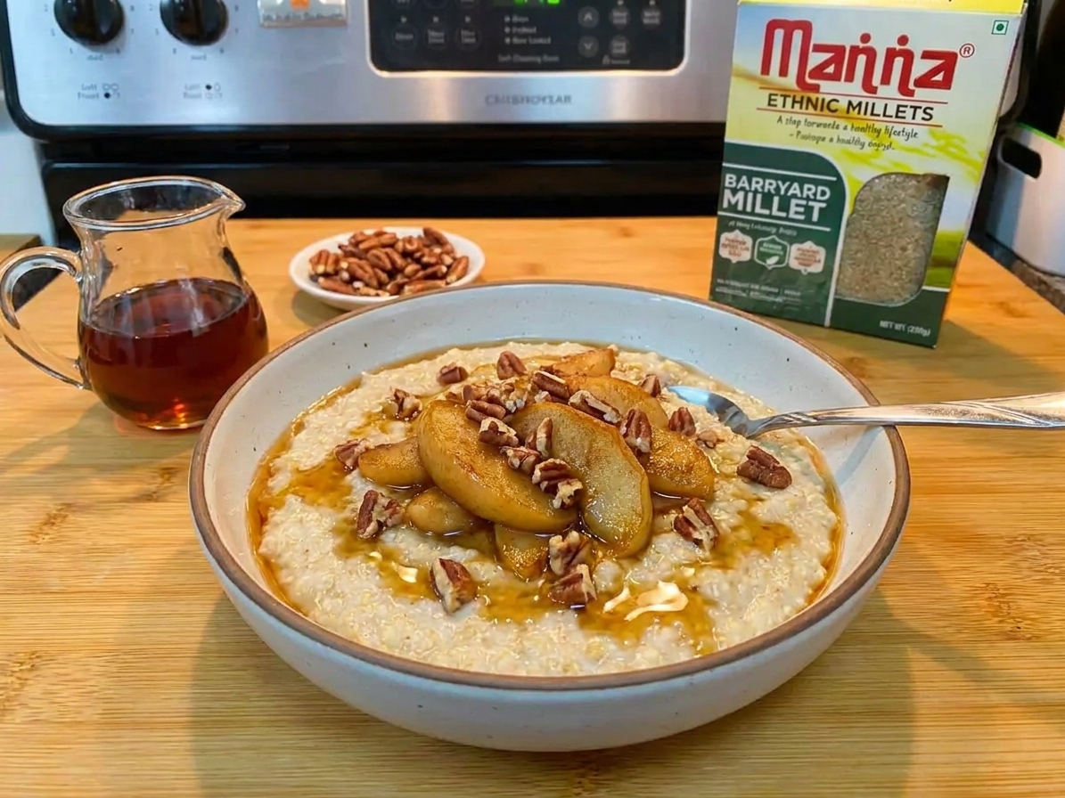 A warm bowl of creamy millet porridge topped with tender cinnamon apples, toasted pecans, and a drizzle of maple syrup on a bright kitchen table